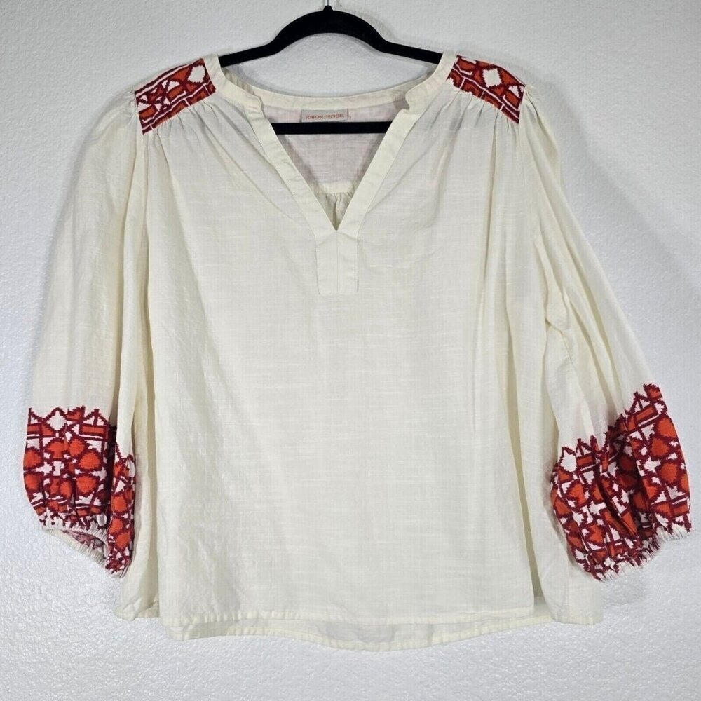 Knox Rose Blouse Top Women Medium White Pullover Geometric Bohemian 3/4 Sleeve